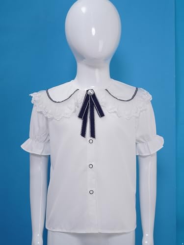 FEESHOW Girls Summer Puff Short Sleeve Button Down Shirts Kids Ruffle Hem Turn-Down Collar Blouse 5-16 Years3