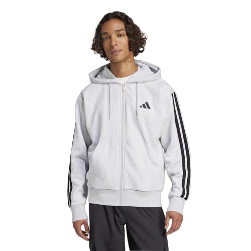 adidas Men's Essentials 3-Stripes Fleece Full-Zip Hooded Track Top, Light Grey Heather/Black, Small