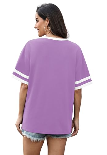 Image of WIHOLL Womens T Shirts Loose Fit Short Sleeve Tees V Neck Color Block Summer Tops 2026 Fashion S-4XL
