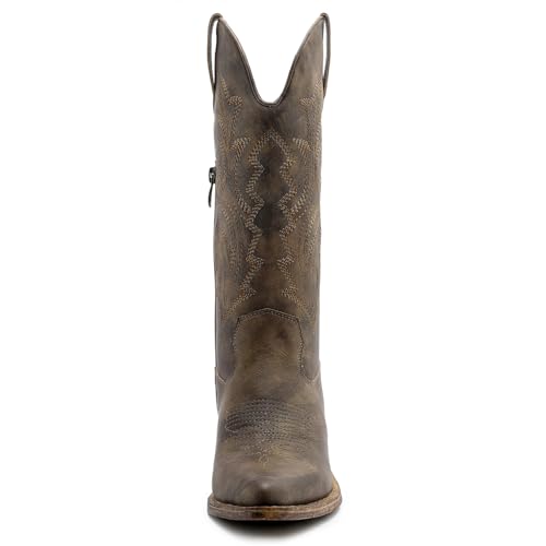 Image of GLOBALWIN Women's Mid Calf Western Cowboy Boots Cowgirl Boots for Women with Floral Embroidery Side Zipper Chunky Heel