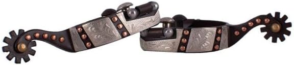 Showman Youth Brown Steel Spurs w/Silver Engraved Overlay & Copper Studs