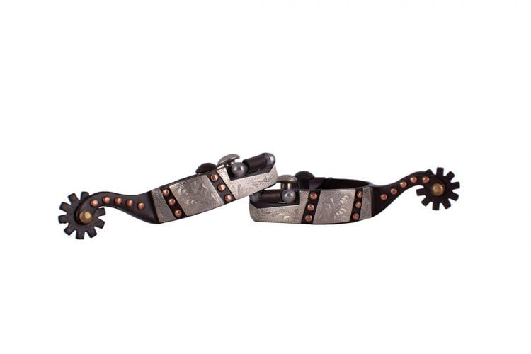 Showman Youth Brown Steel Spurs w/Silver Engraved Overlay & Copper Studs