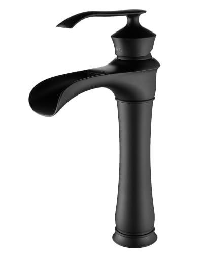 FBUKE Robinet mitigeur de lavabo à hauteur haute, bec cascade pour salle de bain, robinet de lavabo en laiton, robinet mitigeur moderne à levier unique chaud et froid pour vasques de comptoir, noir