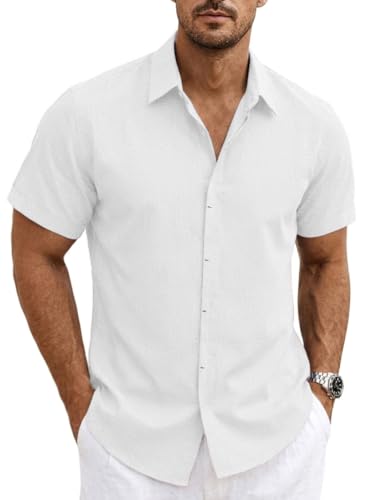 Ficovis White Casual Shirts Men Short Sleeve Button Down Linen