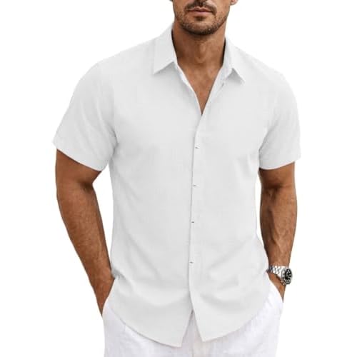 Mens Linen Shirts Short Sleeve Casual Shirt Button Down Summer Beach Vacation Tops Men Casual Dress Shirts Breathable
