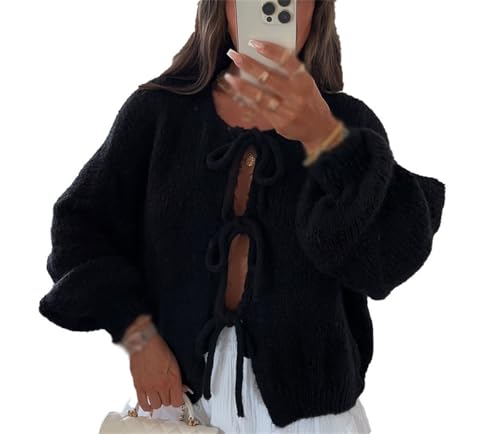 Image of Women Knitted Tie Front Cardigan Tops Casual Knitwear Top Long Sleeve Open Front Baggy Sweater Y2k Girls Outwear