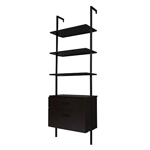 Aclulion 4 Tier Ladder Shelf, Industrial Bookshelf With 2 Cabinet, 70" Tall Leaning Bookshelf With Metal Frame, Wall-Mounted Bookcase For Office, Living Room, Bathroom, Dark Walnut Wood #TOP7