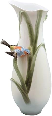 Unicorn Studio Porcelain Vase with Reed and Perched Blue Titmouse, 12 imch Tall