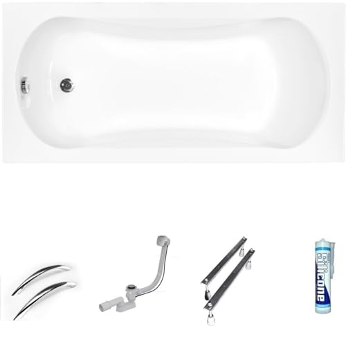 ECOLAM Baignoire rectangle Aria 160x70 cm | 2x poignées en argent brillant | pieds siphon et silicone | Baignoire acrylique blanc...