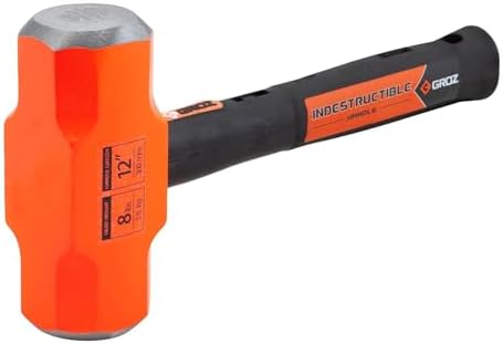 Groz 8 lb Sledge Hammer with Indestructible Steel Bar Handle, 12" Professional Demolition Hammer, Vibration-Reducing Grip, Never Break or Loosen (34522)