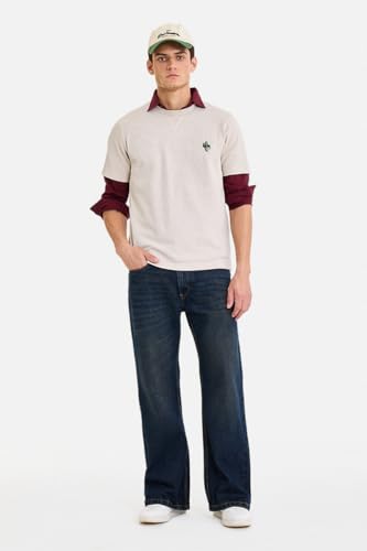 Image of SNITCH Men Flared Fit Jeans | Mid Rise Stone-Washed Denim with Raw Frayed Hem & 5-Pocket Design | 100% Cotton Woven Fabric for Casual & Everyday Wear