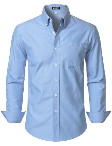 JEMITOP Mens Classic Lightweight Oxford Button Down Collar Shirts Business Casual Slim Fit Long Sleeve Dress Shirt with Pocket Blue L