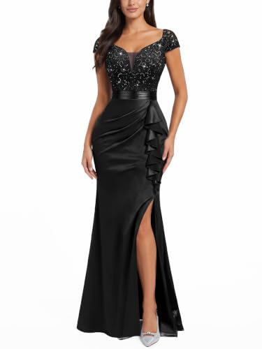 Image of Miusol Women's Vintage V-Neck Slim Ruffle Split Evening Formal Maxi Dress