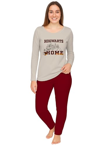 United Labels Harry Potter - Pijama largo para mujer, color beige y rojo, Hogwarts is My Home, conjunto de pijama de manga larga y pantalones, pijama para mujer, Beige/rojo, L
