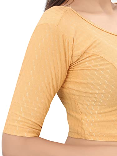 Image of Round Neck Dobby Cotton Lycra Stretchable Elbow Sleeve Readymade Saree Blouse for Women Stylish