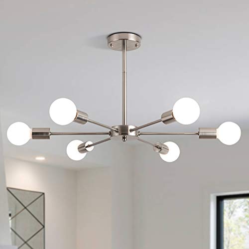Limeijua Modern Sputnik Chandelier 6-Light Semi Flush Mount Ceiling Light Fixture Satin Nickel Hanging Pendant Light With E26 Base For Kitchen Island, Bedroom,Dining Room,Kitchen,Office #TOP5