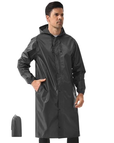 iCreek Men's Long Rain Coat Hooded Packable Waterproof Lightweight Outdoor Rain Jacket Trench Coats Windbreaker