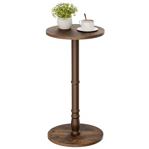 Homleke 12" Round Side Table, Solid Wood Pillar with Wood