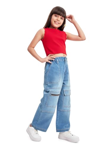 Image of olele Girls Super Jeans Collection for 4-14 Yrs | Stretchable Cotton Denim Trousers | Blue Jeans for Kids | Baggy Denim Pants | Cargo Pants for Girls