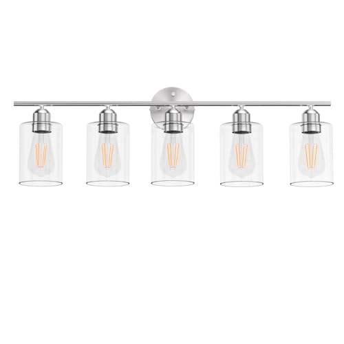 Image of Bathroom Vanity Light Fixtures Brushed Nickel Bathroom Lighting Fixture, 5 Lights Bathroom Light Fixture Over Mirror, Modern Black Vanity Light, Wall Sconces with Glass Shades