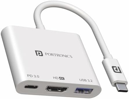 Portronics C-Konnect Type C to HDMI Adapter (3-in-1), Multiport USB C Hub with 4K@30Hz, USB 3.0 @ 5Gbps, 100 W PD Charging Port for Laptop, MacBook, PC and Other Type C Devices (White)