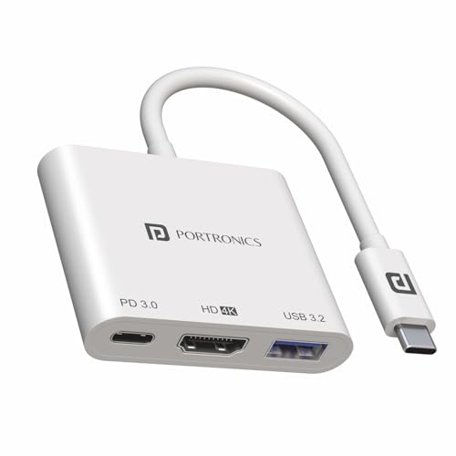 Portronics C-Konnect Type C to HDMI Adapter (3-in-1), Multiport USB C Hub with 4K@30Hz, USB 3.0 @...