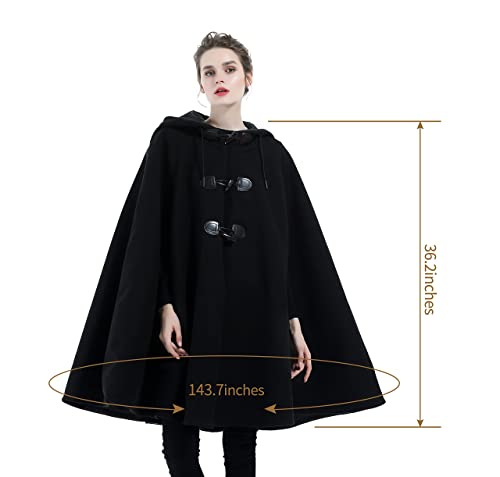Sufcomou Cape Coat Women Hooded Poncho Cloak Vintage Plus Size Outwear Open Front Jacket Wool Blend Trench Coat Winter Button Front Split Sleeve Casual Top Baggy Solid Warm Loose Clothes Black #TOP4