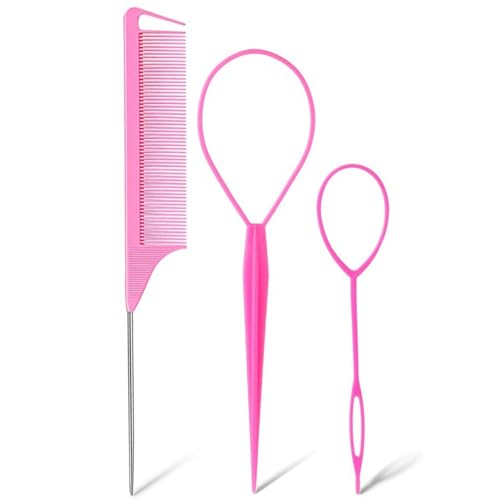 3pcs Topsy Tail Hair Tool Hair Braiding Tool French Braid Loop Tool Rat Tail Comb Fast Hair Styling Accessories (Pink)