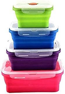 Silicone Lunch Box, Collapsible Folding Food Storage Container with BPA Free Lids, Kitchen Microwave Freezer and Dishwasher Safe Kids Lunch Boxes (4 Pack)