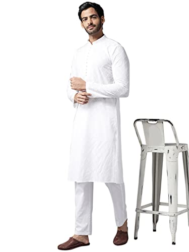 Image of See Designs Mens Kurta |White Cotton Embroidered Kurta With Pajama Set Mandarin Collar Long Sleeves Chikankari Kurta