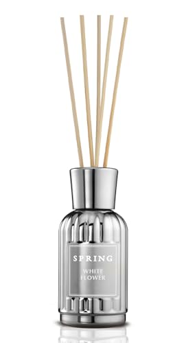 Image of SPRING Silver Reed Diffuser 100ml with 5 Reed Sticks - French-Made Perfume Diffuser, Home Aromatherapy with Elegant Glass Bottle - Luxury Gift for Home Fragrance, Long-Lasting White Flower Scent