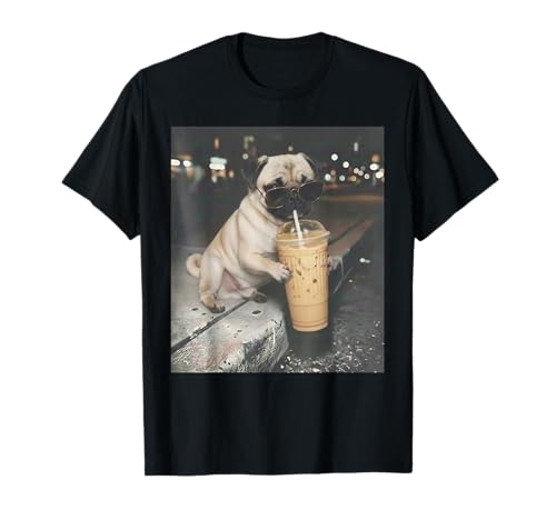 Pug Drinking Iced Coffee Funny Animal Meme Dog Pug Lover T-Shirt