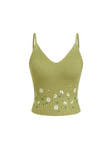 CIDER Women's Knit V-Neck Floral Crop Top Sleeveless Y2K Trendy