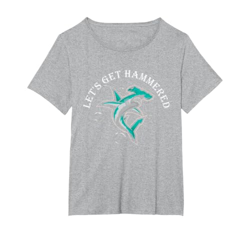 Let is Get Hammered Funny Hammerhead Shark T-Shirt, Women's Plus, Heather Grey, 5X