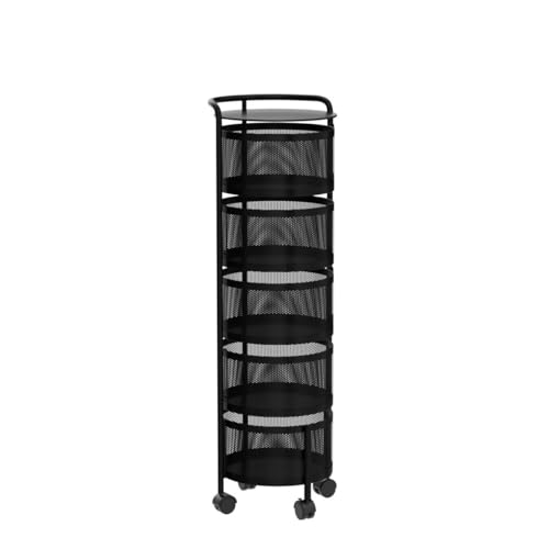 Image of JAQ No Assembly Rotating Kitchen Storage Rack, 5-Tier Metal Basket Organizer with Wheels, Large Capacity Vertical Storage Cart for Fruit Vegetable Pantry, Potato Onion Organizer, Black