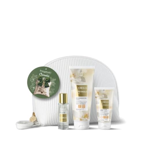 Bottega Verde - Cofanetto Regalo Camelia e Retinolo, Bagnodoccia 200 ml, Crema Mani 75 ml, Eau de toilette 30 ml e Pochette Velluto, Profumo Fresco e Fiorito, per Tutti i Tipi di Pelle, Idea Regalo