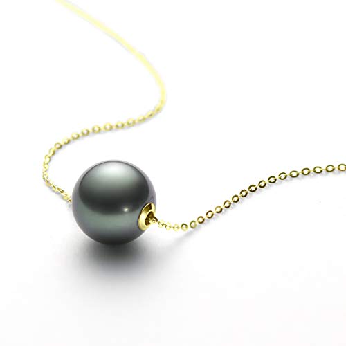 18K Gold Black Pearl Necklace for Women, 10-11mm Tahitian Cultured Floating Pearl Pendant Chain Necklace Birthday Anniversary Christmas Jewelry Gift for Wife Mom