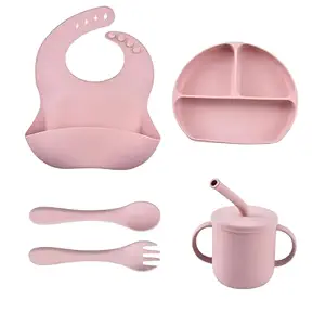 100% Silicone Baby Feeding Set, BPA Free Complete Baby Weaning Set with Strong Suction Divided Plate,Toddler Self Feeding Dish Set with Spoons Forks Sippy Cup and Bib, Baby Eating Utensils (pink)