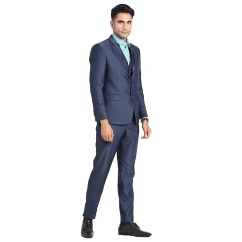 Image of Turtle Men Polyviscose Lycra Tailored Fit Blue Three Piece Party Suits