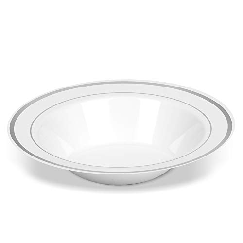 Bloomingoods 100 Disposable White Silver Rimmed Plastic Soup Bowls | 14 Oz. Premium Heavy Duty Disposable Dinnerware With Real China Design | Safe & Reusable (100-Pack White/Silver Trim) #TOP3
