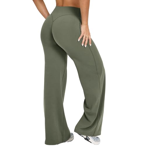 Jetjoy Women's Yoga Pants Loose Stretchy High Waist Wide Leg Straight Trousers No Front Seam Casual Leggings Gym Trousers 30" Height 5'2"-5'4" Olive Green