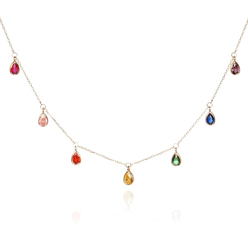 Image of namana Colourful Gold Necklaces for Women and Teenage Girls in 925 Sterling Silver with Hanging Pear Shaped Rainbow Charms, Dainty Gold Necklace for Women with Coloured Cubic Zirconia Stones
