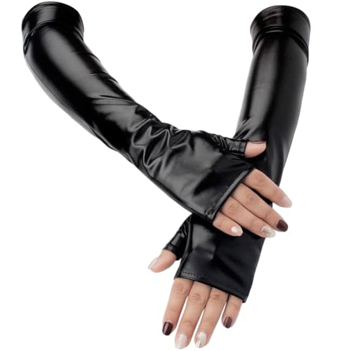 CALFOVERA Schwarze Lange PU Lederhandschuhe Mit Halber Handfläche Glänzend Metallisch Für Rock Und Bühnenauftritte Fingerlose Handschuhe Dehnbar Gothic Punk Anzieh...