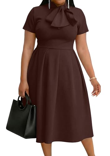 Image of FANDEE Midi Dress for Women Casual Short Sleeve A-line Semi Formal Fit and Flare Dress Classy Tie Neck Work Business Dresses