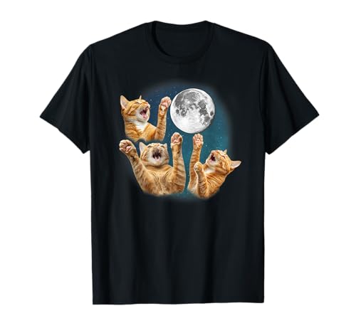 Funny Three Orange Tabby Cat Howling Moon 3 Moon Meme Lover Camiseta