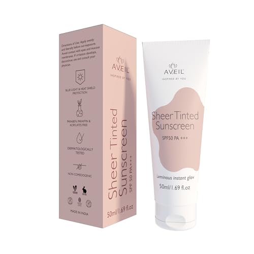 Image of AVEIL Sheer Tinted Sunscreen SPF 50 PA +++ | 50 ml | UVA, UVB & Blue Light Protection | No White Cast | For All Skin Types | Water & Sweat Resistant | Hydrating Sunscreen | Sun-Safe Skin | Pack of 1