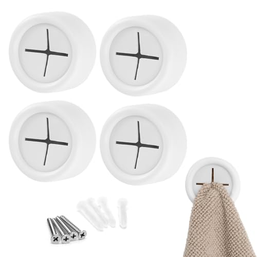 S&T INC. Round Adhesive Push Towel Hooks for Kitchen, Hand and Dish Towels, Matte White, 4 Pack