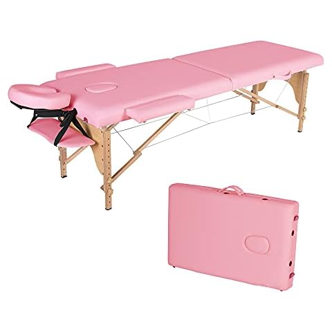 FVLFIL RICA-J Portable Massage Table, PVC Leather Massage Bed, Massage Therapy Table with Beech Stands, Spa Bed 73in Adjustable 2 Fold Salon Bed, Face Cradle Bed with Carrying Case (Pink) Cover