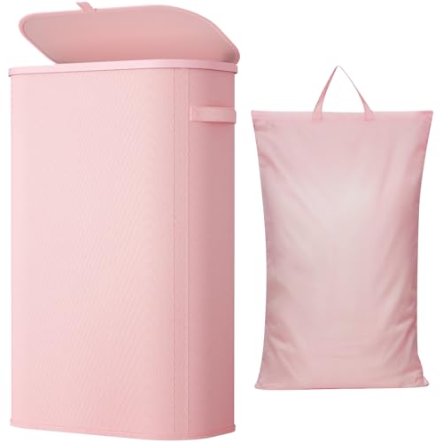 Image of Lifewit Slim Laundry Basket with Lid, Narrow Large Laundry Hamper with Plastic Handles and Removable Bag, Tall Foldable Dirty Clothes Hampers for Laundry Room, Bedroom, Bathroom, Dorm, 65L Pink