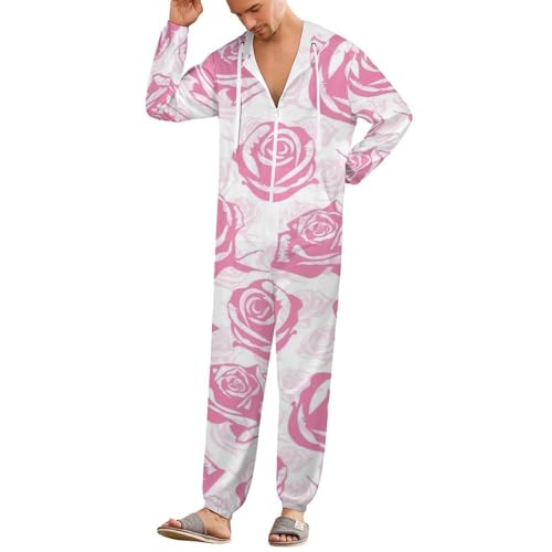 TVUGHGI Pink Rose Floral Onesie Pajama for Women/Men Long Sleeves Fashion One-Piece Halloween Hooded Zip-up Sleepwears 3XL